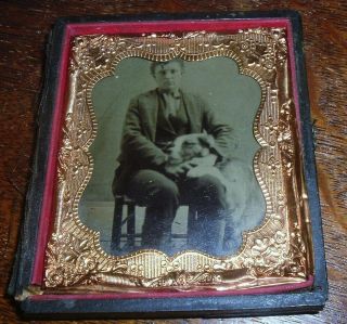Tintype Young Man / Teenager Sits With His Dog 1870 Era Photograph