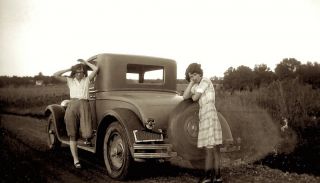 1930s Era Photo Negative Car Girl Friends Take Roadster Out For Spin In Country