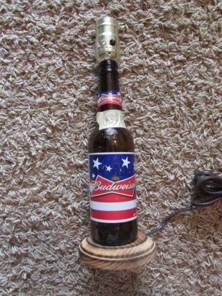 Budweiser Bottle Bar Light Lamp On Wooden Base Patriotic Usa