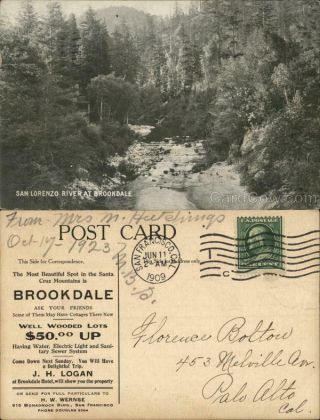 1909 Brookdale,  Ca San Lorenzo River Santa Cruz County California Postcard