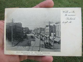 Vintage 1907,  Rppc,  High Street West,  Portsmith,  Va. ,  Real Photo Postcard