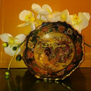 Royal Satsuma Hand Painted Centerpiece Footed Moriage Bowl Geisha Girls Blossoms