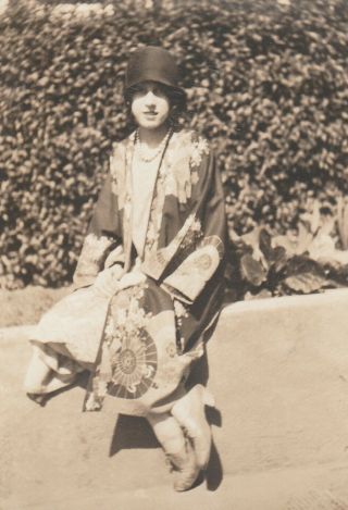 Rppc Flapper Lady In Hat,  Asian Coat,  White Large Strand Pearls,  Necklace,  Earrings