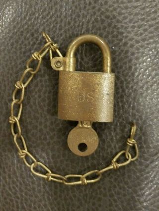 Vintage American Us Military Brass Padlock W/ Key Chain Junkunc Bros