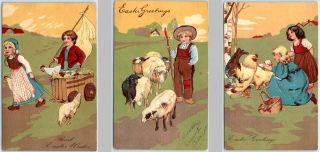 3 Pfb Postcard Easter Greetings Wishes Children Lambs Chickens Embossed 1907