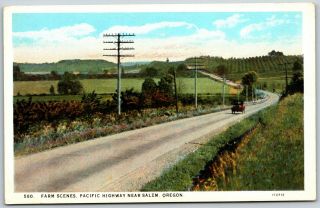 Oregon Or Pacific Highway Near Salem Auto Car & Farms Vintage Old Postcard Pc B4