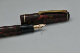 Lovely Scarce Vintage Chatsworth Fountain Pen By Burnham - Red & Brown Marbled