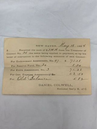 Knights Of Columbus Haven Ct May 28 1894 Dues Letter By Daniel Colwell Old