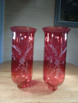 Vintage Ruby Red Cut Glass Globe Lamp Shades 10 " Tall & 1 5/8 " Fitter