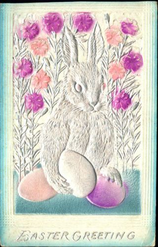 Easter Silver Rabbit Colored Eggs Pastel Airbrushed C1910 Postcard