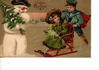 Postcard Christmas Holiday Snowman Tree Children Sled Embossed 430