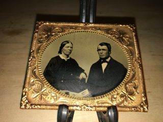 Antique Daguerreotype Of Husband & Wife With Cheek Coloring Embossed Brass Frame
