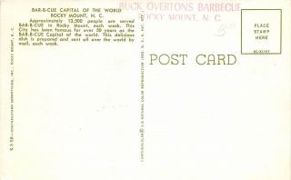Rocky Mount North Carolina 1950 - 60s Postcard Buck Overtons Barbeque 2