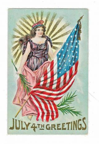 Vintage Postcard July 4th Greetings Lady With Flag Displayed In Front Of Her