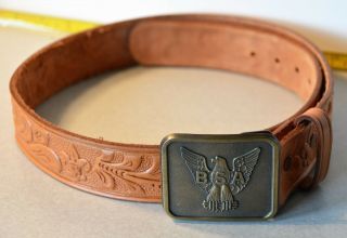 Vintage Boy Scouts Of America Hand Tooled Leather Belt Sz 32 Eagle Scott Buckle