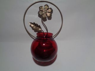 Vintage Metal Wall Sconce With Ruby Red Glass Vase