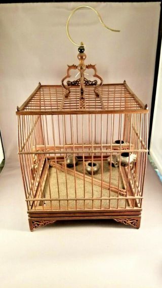 Vintage Chinese Style Wood & Wire Bird Cage W/ Feeders & Perches.