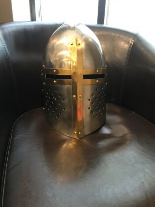 Medieval Style Metal Knights Helmet Templar Gold Brass Riveted Armor