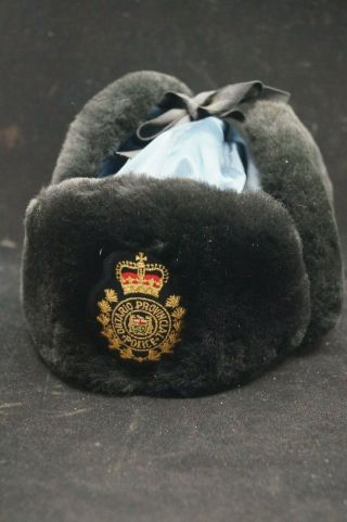 Vintage Canadian Opp Provincial Police Winter Faux Fur Hat & Badge