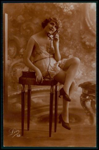 French Risque Sexy Woman Phonecall Phone & Lingerie 1920 Photo Postcard