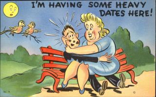 1940s Comic Fat Blonde Woman Sitting On Man Some Heavy Dates Pun Moon Birds