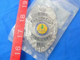 Plantation Florida Emt Fire Department Badge 3 - 1/8 " Blackinton Silvertone Shield