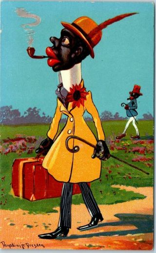 1910s Artist - Signed Donadini Jr.  Black Americana Postcard Black Man Yellow Suit