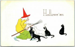 Vintage 1915 Halloween Postcard Witch W/ Broom / 4 Black Cats Pink Of Perfection
