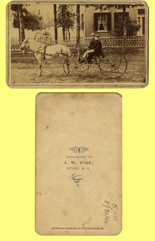 1860s Jw Hine Cdv,  Otego Ny 2 Men In A One Horse Buggy,  House In Back