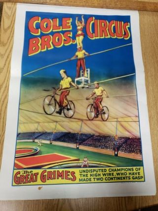 Vintage 1930s Cole Bros Circus Poster - Great Grimes - Erie Litho