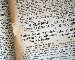 Harry Houdini Magician Escape Artist Appendicitis Near Death 1926 Old Newspaper