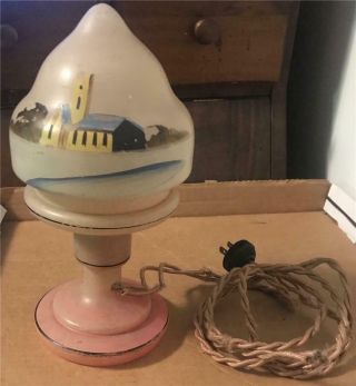 Vintage Pink Glass Depression Era Hand Painted 10 " T Table Lamp