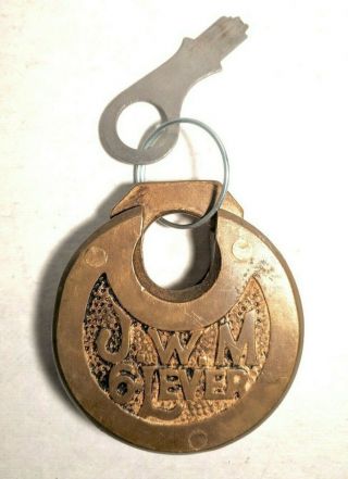 Vintage Brass J.  W.  M.  Six Lever Push Key Padlock With Key