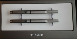 2 Vintage Parker 25 Fountain Pens In Brushed Stainless Steel With Black Trim