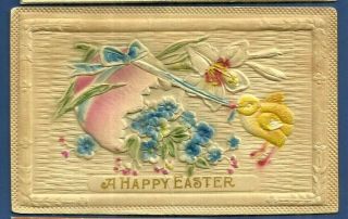 Easter Heavily Embossed Airbrushed Postcard/ Large Egg/chick/ Lily/blue Flowers
