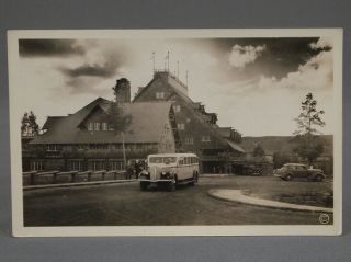 Vintage Real Photo Postcard Old Faithful Inn And Bus,  Yellowstone Park Rppc
