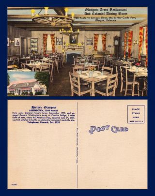 Delaware Glasgow Arms Restaurant Colonial Dining Room Linen Card Circa 1940