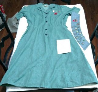 1940s 1950s Vintage Girl Scout Uniform Dress Sash Patches Badges Pins Adult Size