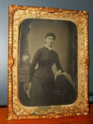 Antique Quarter Plate Tintype Photo Of Lady In Brass Frame