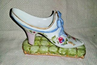 Antique French Porcelain SLIPPER SHOE on Pillow w/Large Blue Bow 2