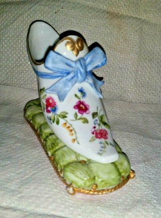 Antique French Porcelain SLIPPER SHOE on Pillow w/Large Blue Bow 3