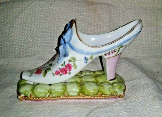 Antique French Porcelain SLIPPER SHOE on Pillow w/Large Blue Bow 5