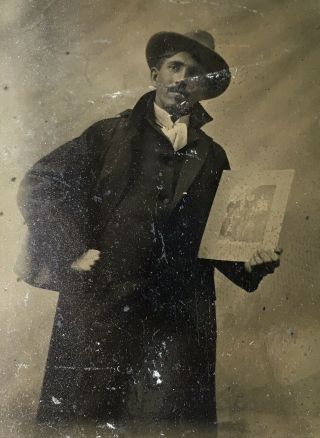 Antique American Dashingly Handsome Young Man Holds Photograph Tintype Photo