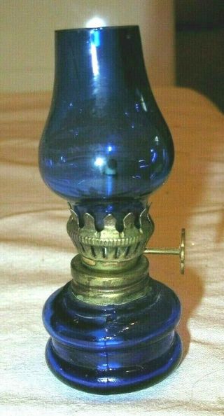 Vintage Small Blue Glass Mini Oil Lamp Good