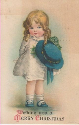 Xmas In July 1921 Ellen Clapsaddle Unsigned Christmas Postcard Girl W/ Blue Hat