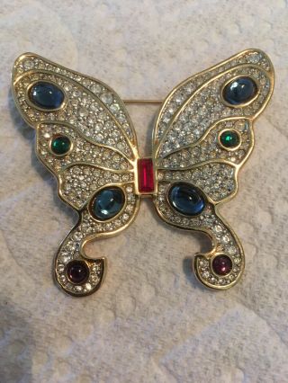 Swarovski Sal Signed Gold Tone Multi - Colored Crystals Large Butterfly Brooch