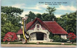 Miami,  Florida Postcard " Entrance To The Parrot Jungle,  Red Road " Roadside Linen