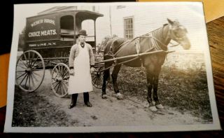 Vintage Glass Plate Negative & Post Card Weber Bros.  Meat Wagon Town Line,  N.  Y