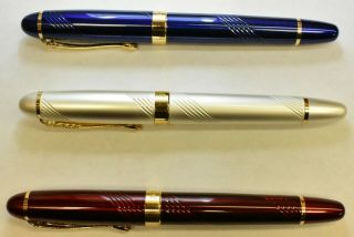 Bulow Set Of 3 - Red,  Ivory,  Blue - Fountain Pens W/ 18k Plated Nibs & Converters
