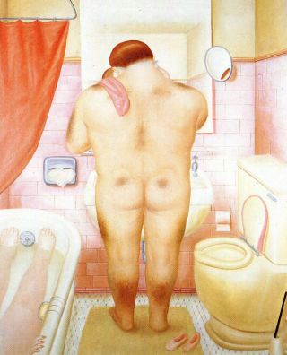 Rare Fernando Botero Naked Man In The Bathroom 1973 Art Pc
